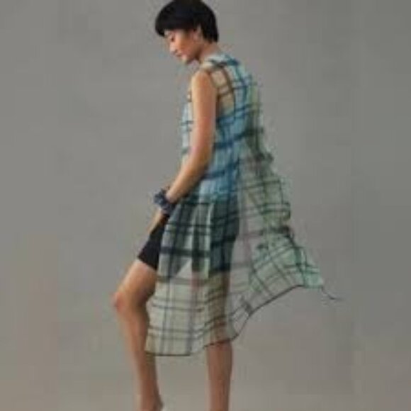 Anthropologie Maeve Plaid Sheer Longline Sleeveless Duster Vest One Size - Picture 2 of 10